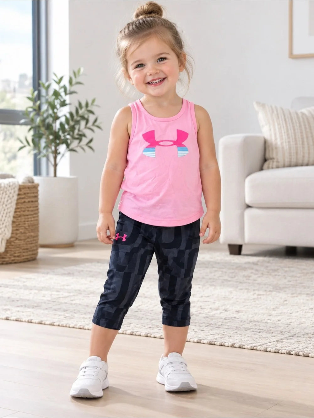 Under Armour Pink Logo Tank with Black Patterned Capri Set - Girls